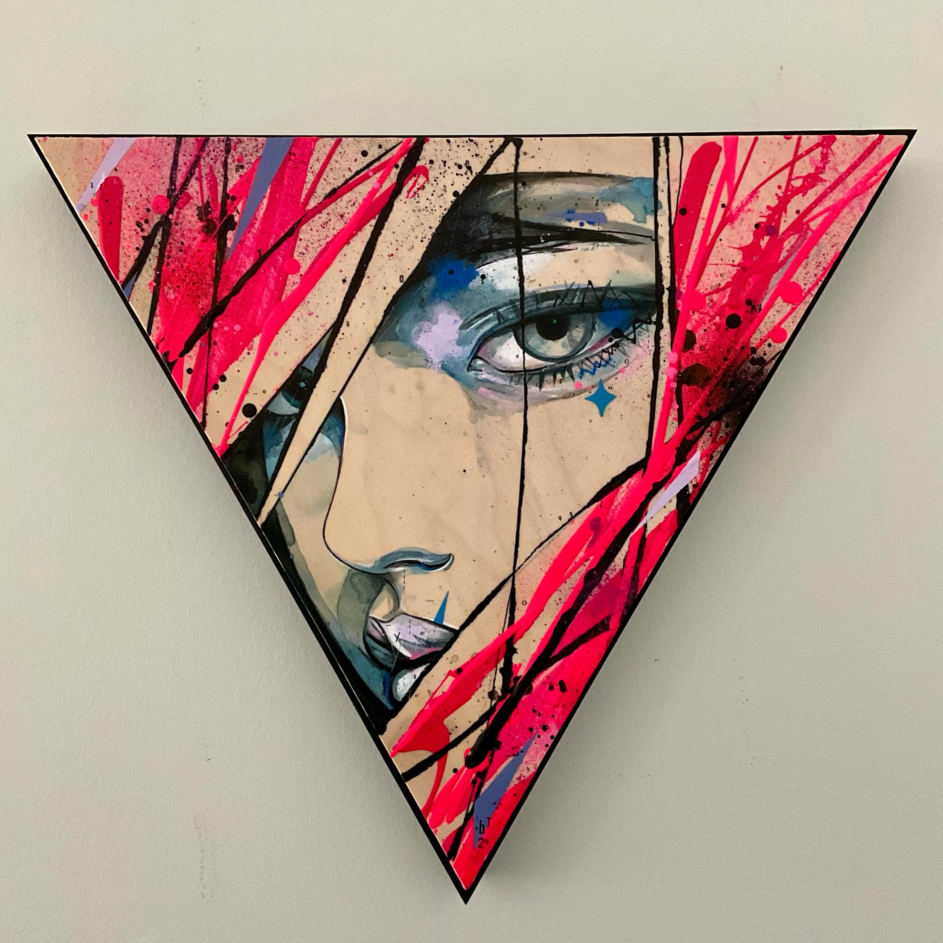 Triangular Ben Tour portrait painting with vivid pink marks